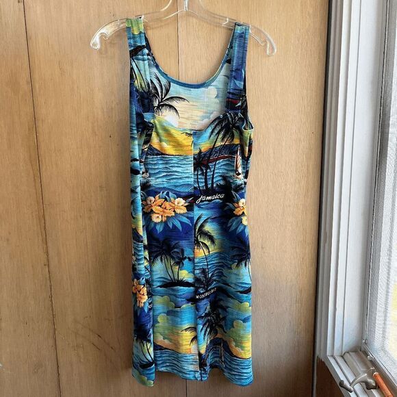 Y2K Jamaica Tropical Sunset Dress M/L – Mesh Knit Bodycon Luau Cover-Up - Picture 2 of 6